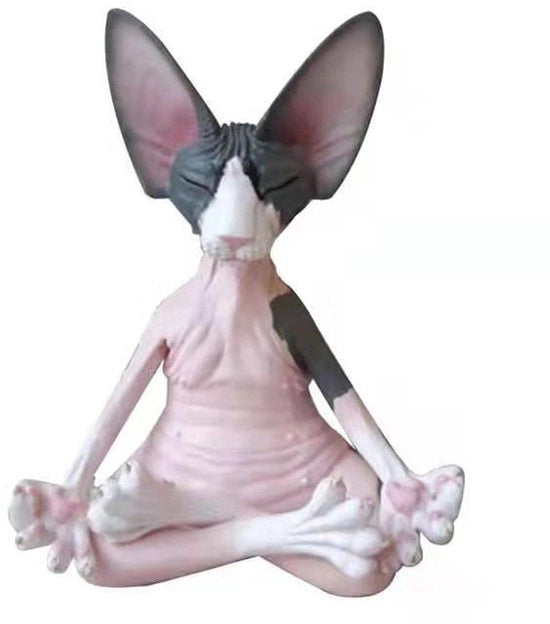 Decorazione rustica in cera animale rappresentante un gatto in posizione yoga, scultura yogica (rosa e grigio)