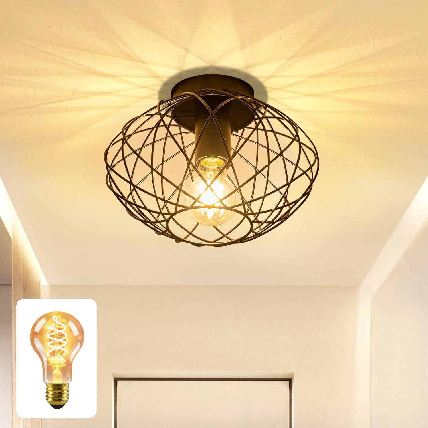 ZMH Lampada da soffitto vintage nera 25cm griglia gabbia per interni