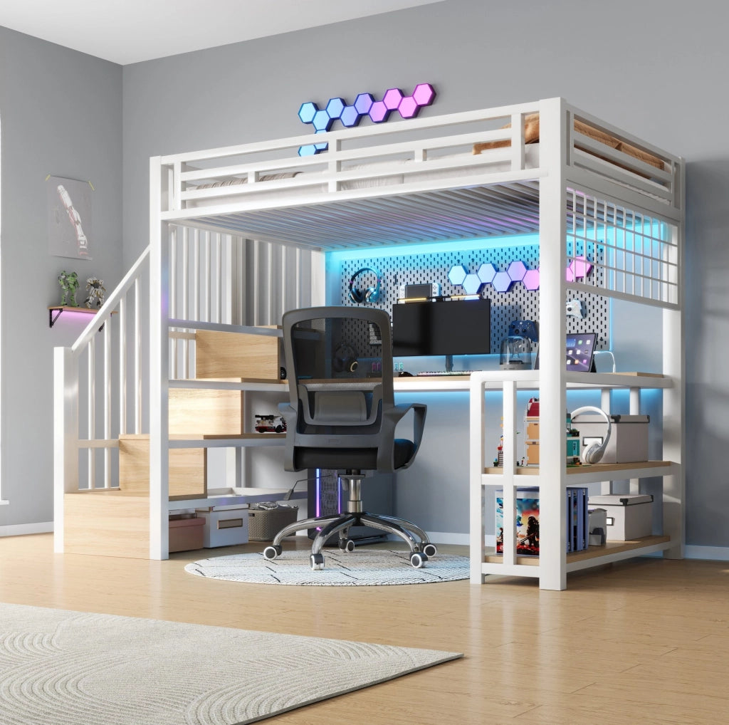 Letto a soppalco 90x200 cm con scrivania, LED e prese USB, bianco