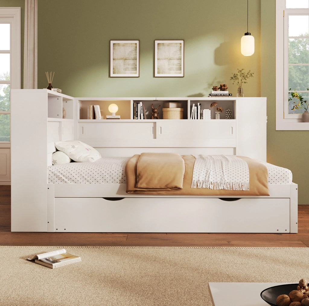 Letto piattaforma per bambini con letto estraibile, spazio contenitore e USB, Bianco