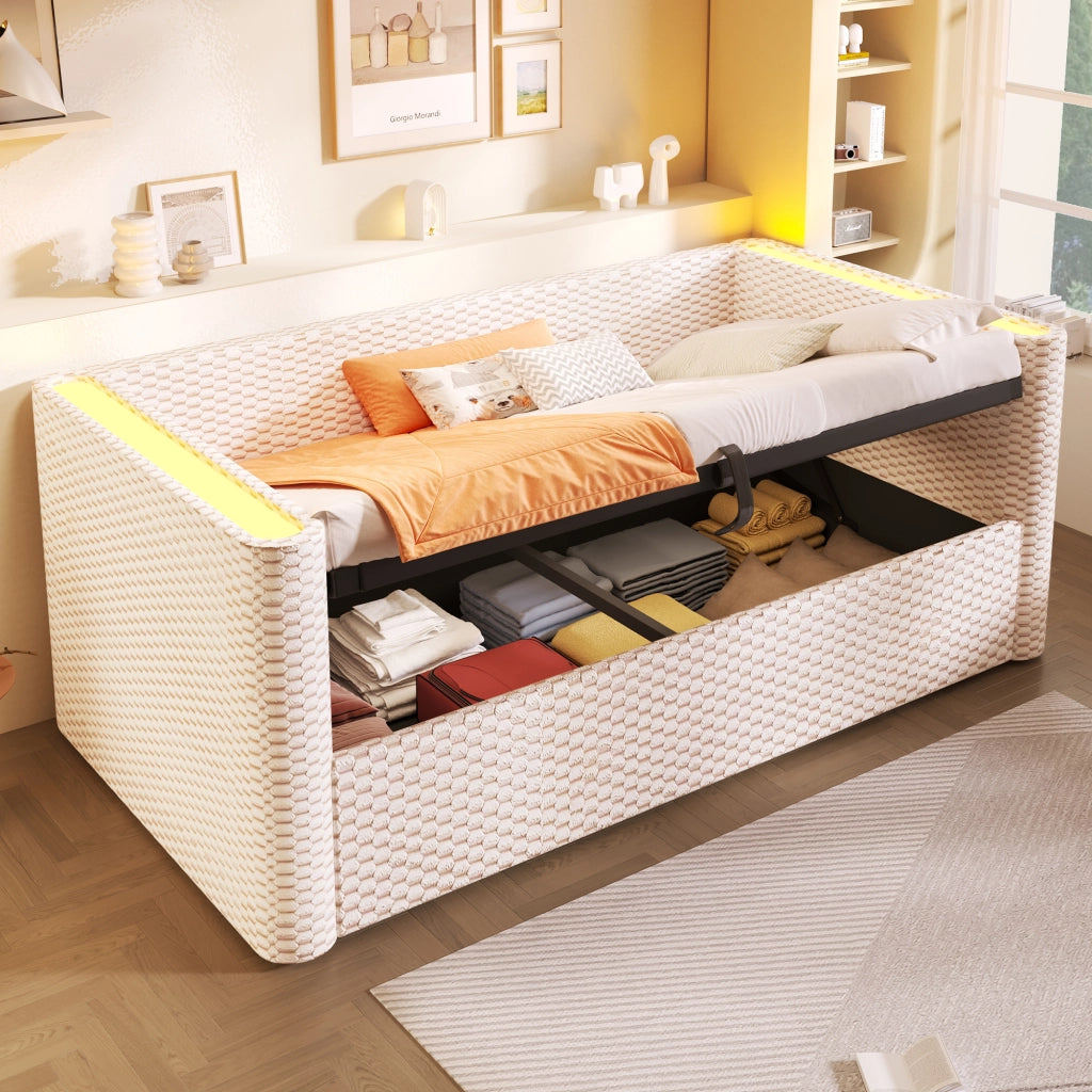 Letto giorno con illuminazione LED in velluto beige 90x200 cm