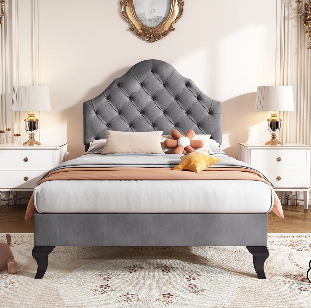 Letto imbottito 90 x 200 cm in velluto grigio con rete a doghe