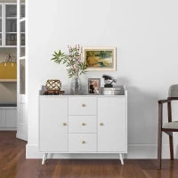 Credenza Moderna in Legno con 3 Cassetti e 2 Armadietti a 2 Livelli, 90x32x80 cm, Bianco