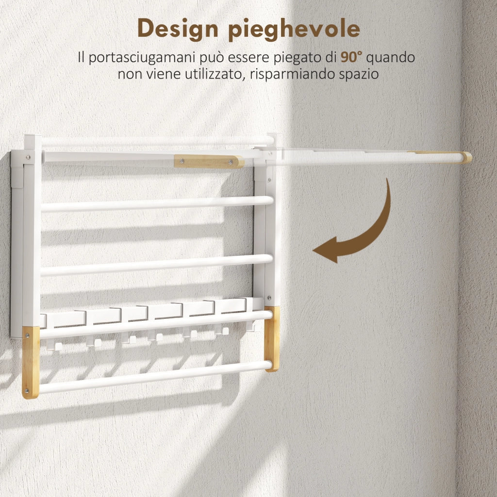 Portasciugamani a Parete Pieghevole 60x32,5x20 cm con 5 Barre e 6 Ganci in Legno e Acciaio Bianco