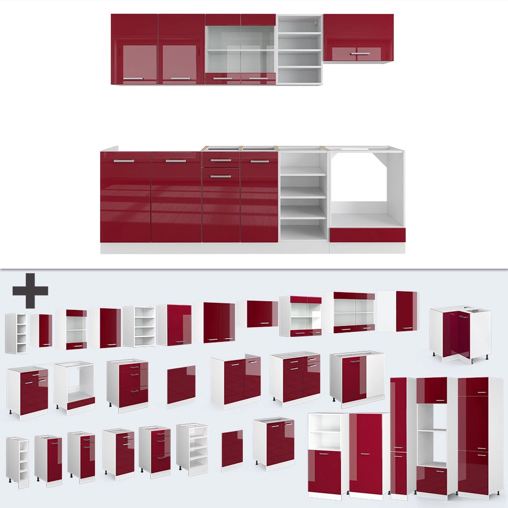Cucina componibile R-Line Rosso lucido/Bianco 240 cm senza piano di lavoro Vicco