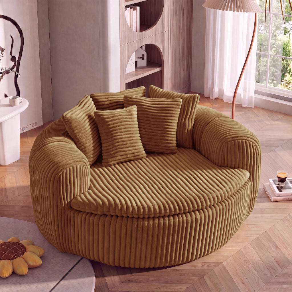Poltrona lounge in velluto a coste color cammello con cinque cuscini e imbottitura in schiuma e molle insacchettate