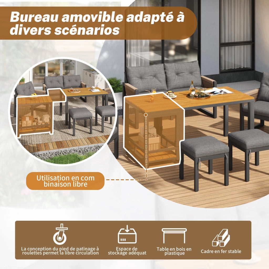 Salotto da Giardino con 1 Divano 2 Posti; 2 Poltrone e 1 Tavolo Rimovibile; per Terrazza; Ferro; Poliestere e Legno Plastico; Grigio e Naturale