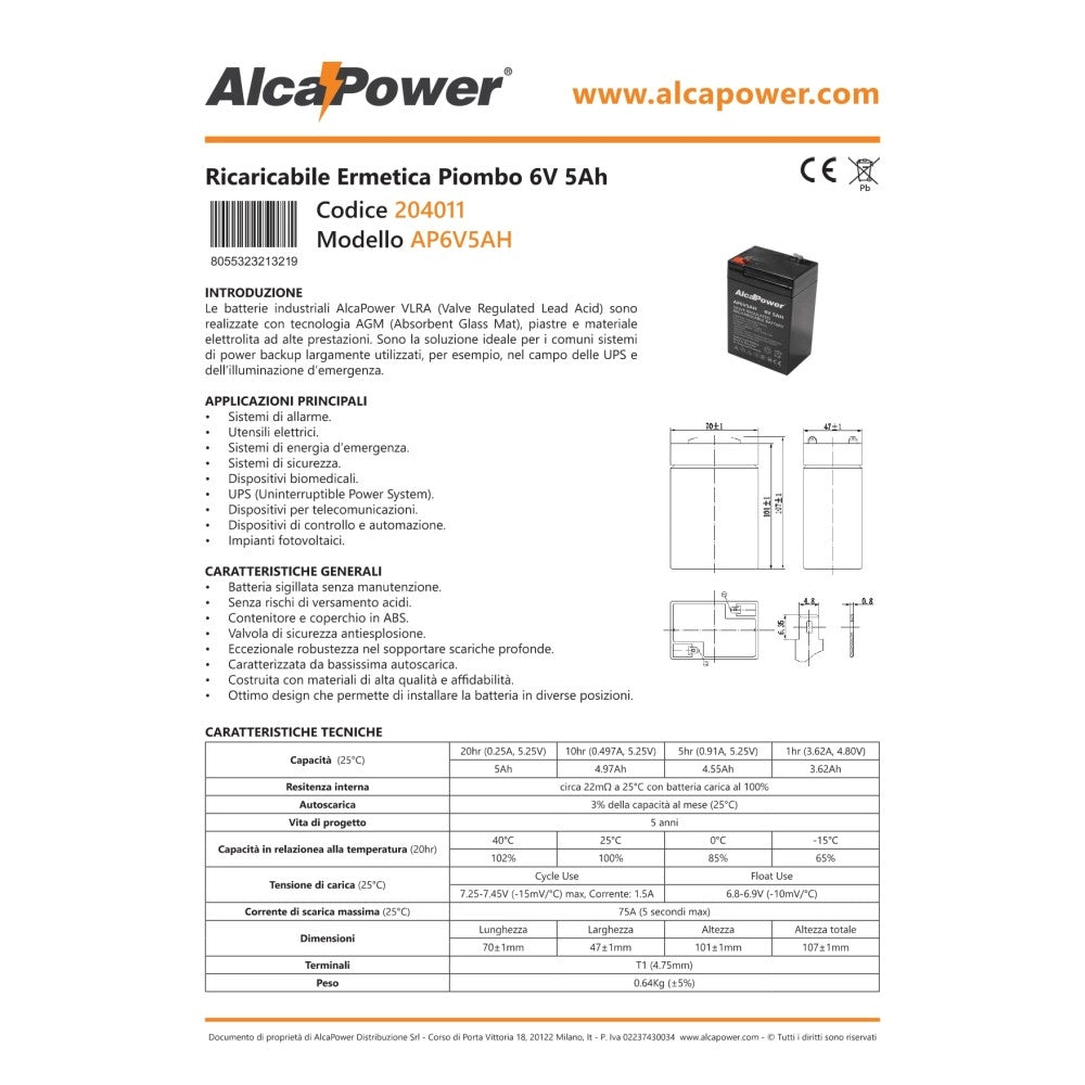 Alca power batteria al piombo da 6v 5ah ricaricabile per ups e illuminazione di emergenza