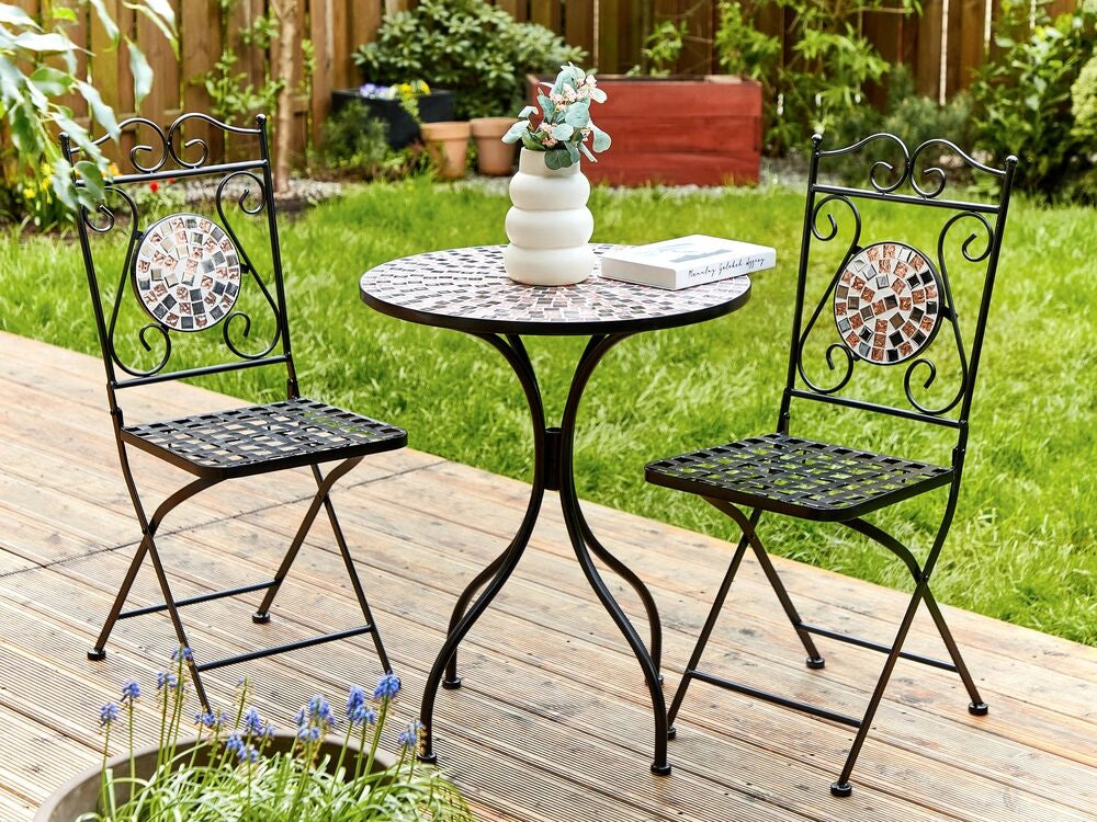 Tavolo da balcone per esterni con piano in metallo e motivo a mosaico 60 cm nero stile vintage