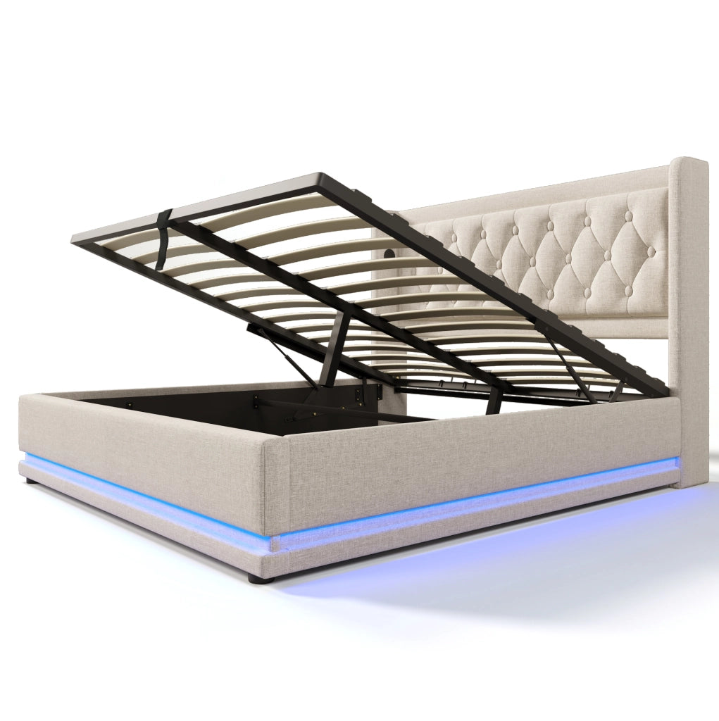 Letto matrimoniale imbottito 160x200 cm in cotone beige con contenitore; USB Type-C e LED