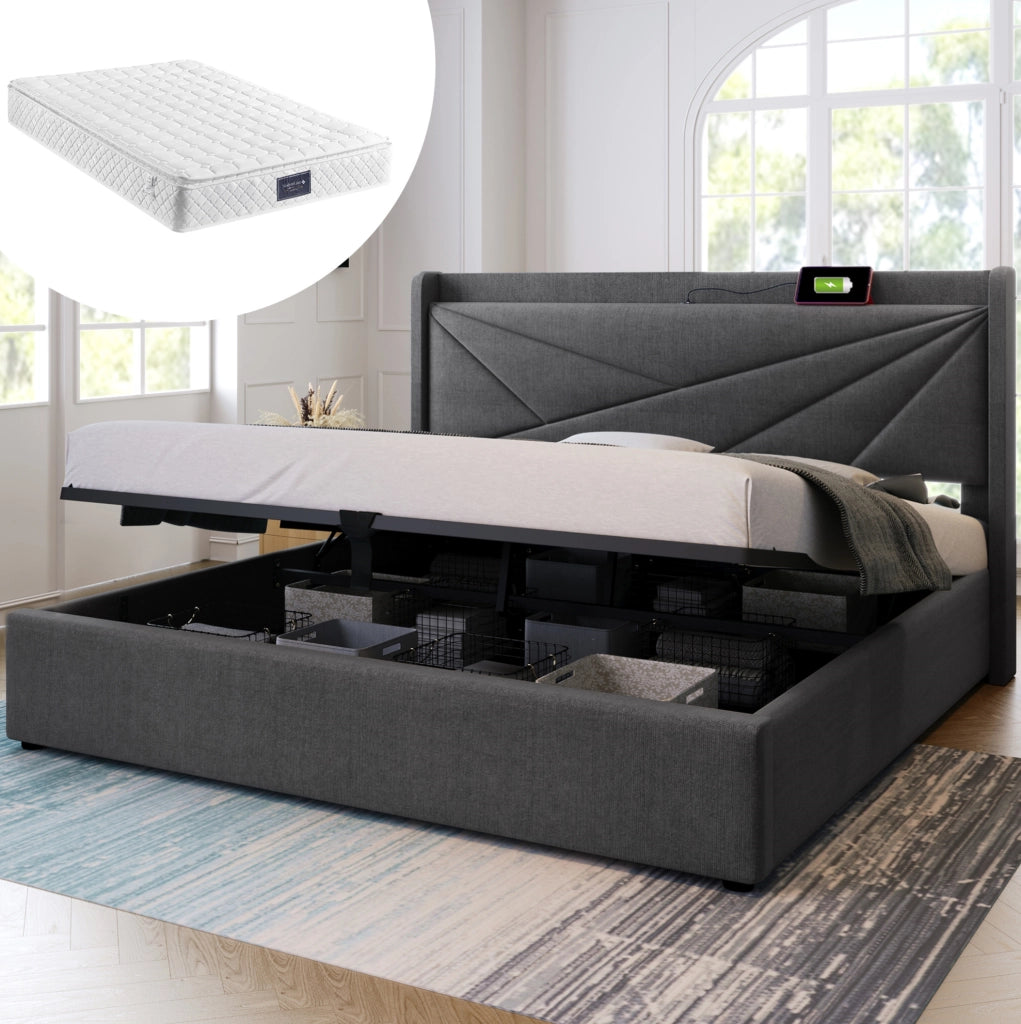 Letto matrimoniale 140x200 con contenitore, USB-C e materasso