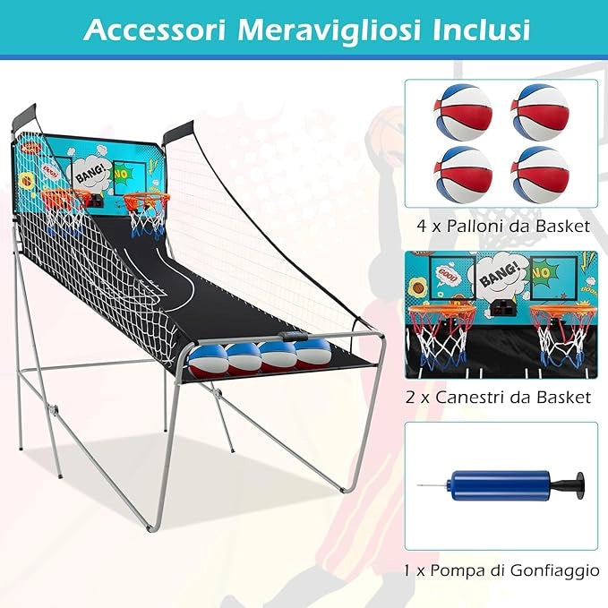 Macchina da Pallacanestro Elettronica, Canestro Basket da Camera a Doppio Tiro Pieghevole con Punteggio Elettronico, 4 Palle, 8 Modalità di Gioco e 2 Canestri (Verde)
