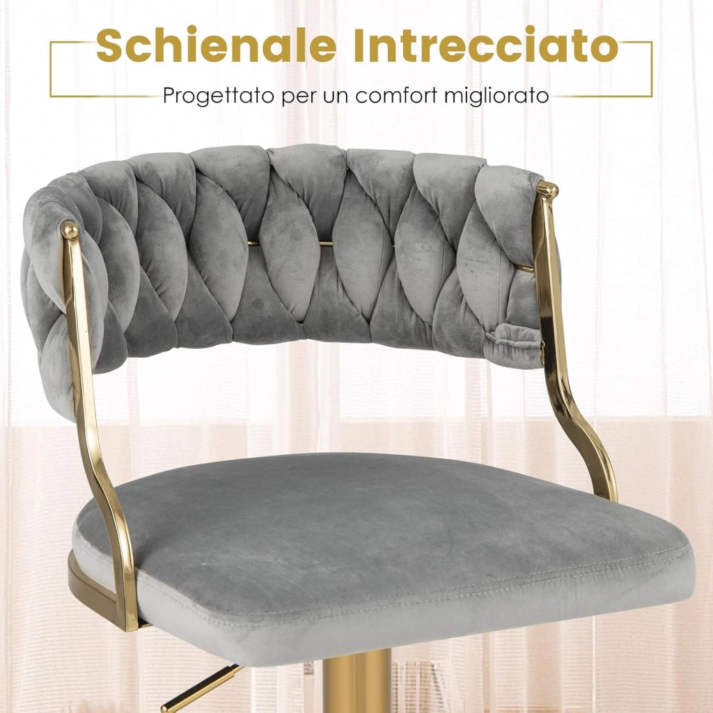 2 Sgabelli da Cucina, Sgabelli Girevoli e Regolabili in Altezza con Poggiapiedi, Sgabelli Alti Rivestiti in Velluto con Schienale Intrecciato per Bar, Cucina e Caffetteria (Grigio)