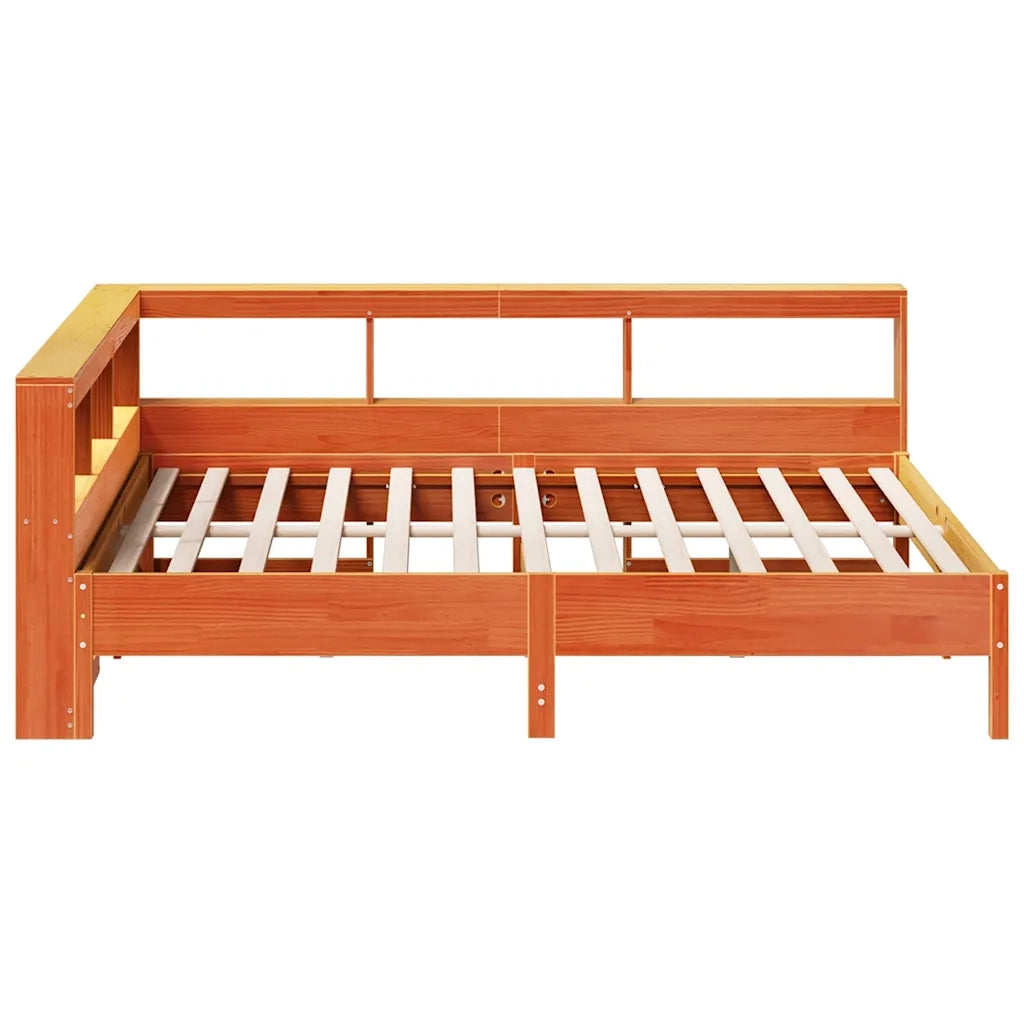 Letto Libreria senza Materasso-Struttura Letto con contenitore Marrone Cera 140x200 cm in Pino 619907