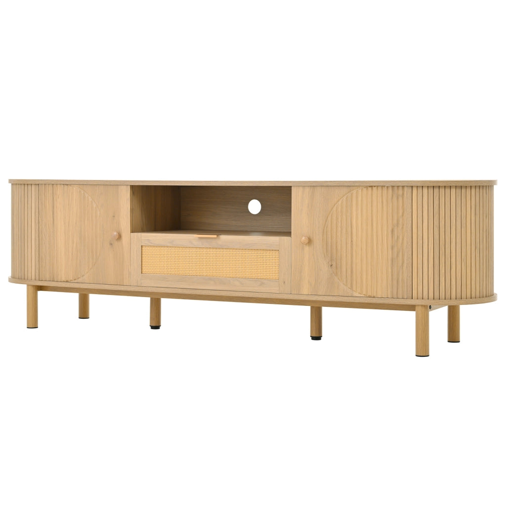 OKWISH Mobile TV con 2 Ante, 1 Cassetto e Vani Aperti, Passacavi, Stile Naturale per Soggiorno, MDF, 175 × 36 × 51 cm
