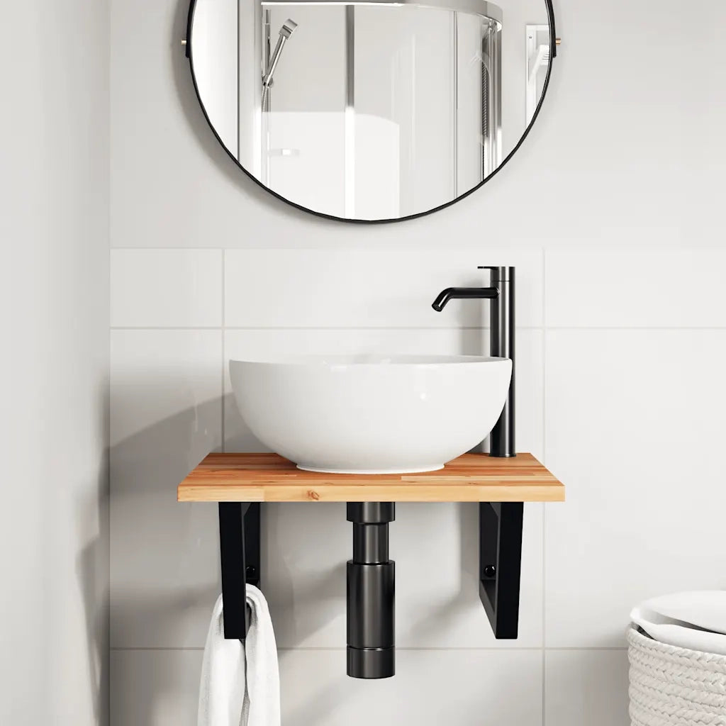 Ripiano a Parete per Lavabo in Acciaio e Massello di Acacia