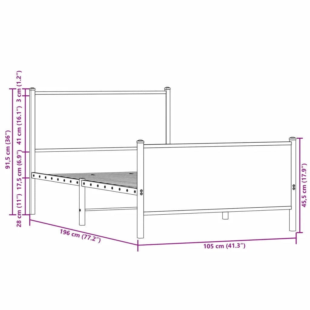 Letto singolo | Letto per adulti | Giroletto senza Materaso in Metallo Rovere Sonoma 100x190 cm