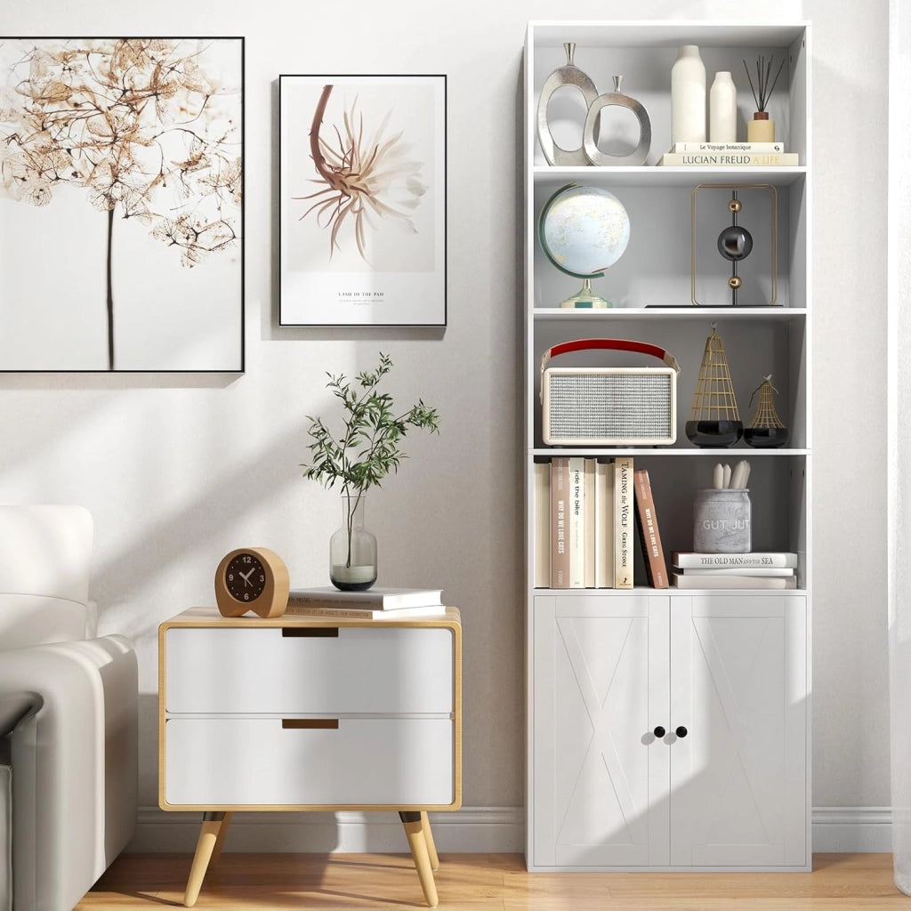 Libreria con 6 Ripiani e 2 Ante, Scaffale in Legno, con 1 Ripiano Regolabile in Altezza, Credenza Espositore, Ideale per Soggiorno e Ufficio, Mensola Portaoggetti Multiusi