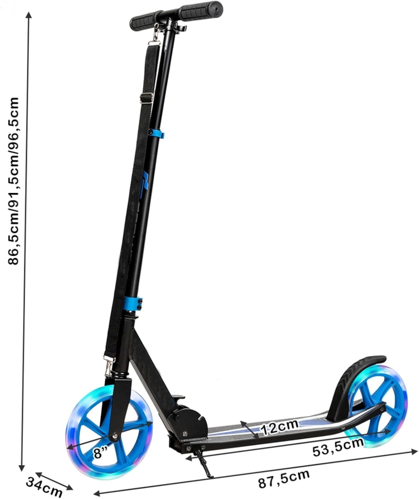 Monopattino Pieghevole con Altezza Regolabile, 2 Ruote Luminose con Freno, Manubrio Regolabile, Pedana Antiscivolo, Tracolla e Cavalletto, Scooter Portata 100kg, 10+ Anni