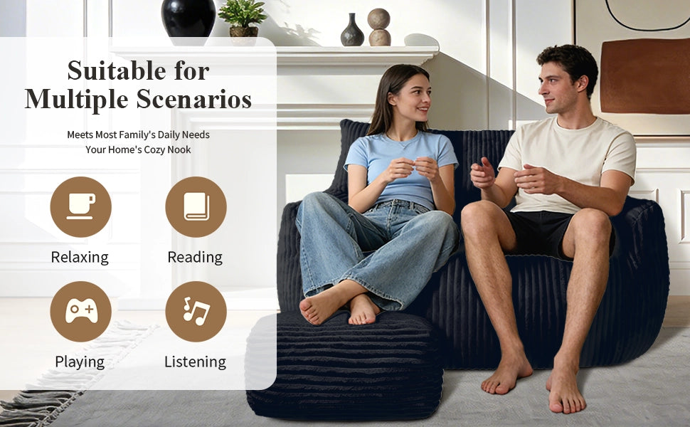 Pouf sacco ergonomico con imbottitura in memory foam, morbido e senza montaggio, in flanella nera