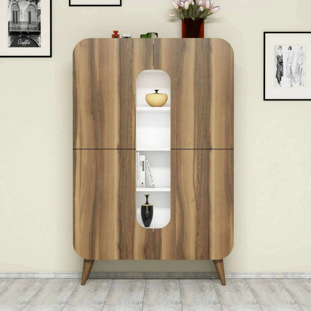 Credenza Novella, Buffet da soggiorno, Madia da salotto, Dispensa da cucina, 93x32h144 cm, Noce e Bianco
