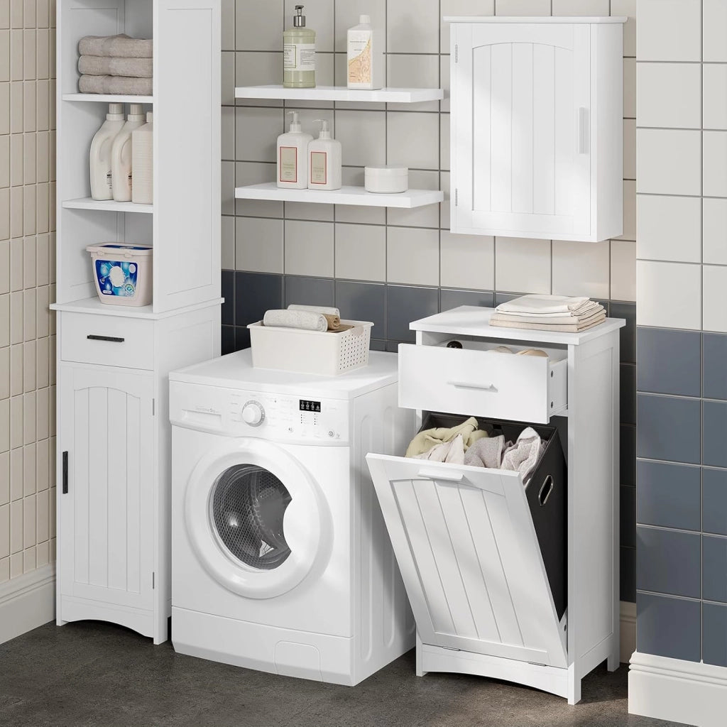 Mobile da Bagno con Portabiancheria, Cesto Portabiancheria, Mobiletto da Bagno con Cassetto, Portabiancheria a 2 Scomparti, in MDF e Tessuto, Bianco, 42x30x82cm