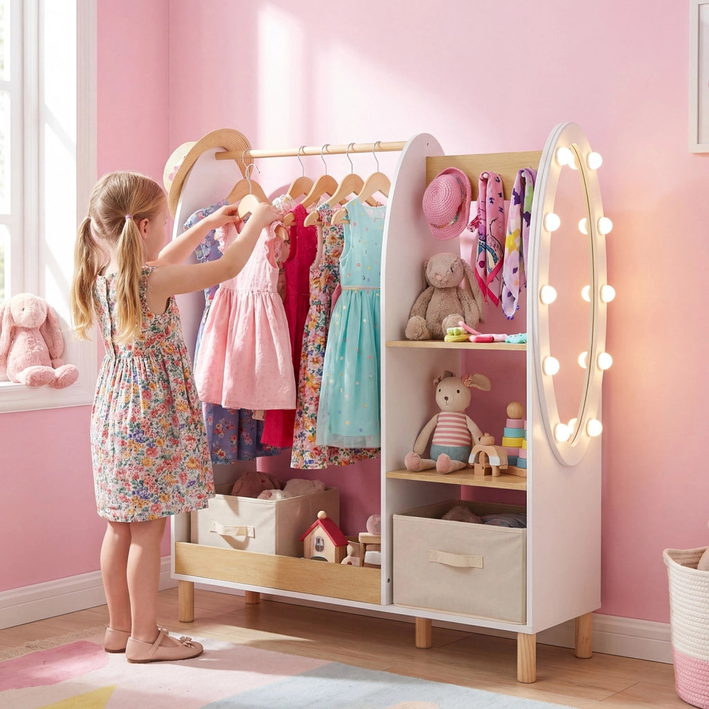 Armadio per travestimenti bambini con specchio e luci, Guardaroba aperto con ripiani e ganci per cameretta 91x28x110 cm