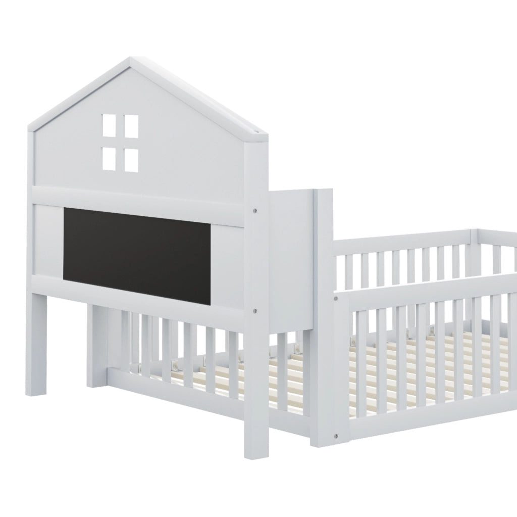 Letto a pavimento per bambini 90x200 in legno massello; casetta; bianco