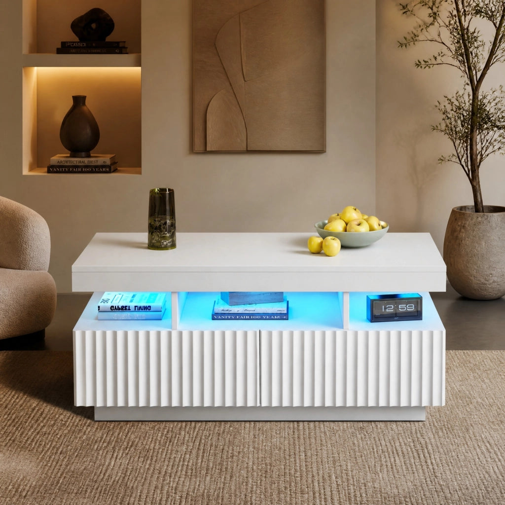 Tavolino basso con due cassetti, vano centrale aperto e LED, in pannello truciolare bianco 100 × 50 × 45 cm