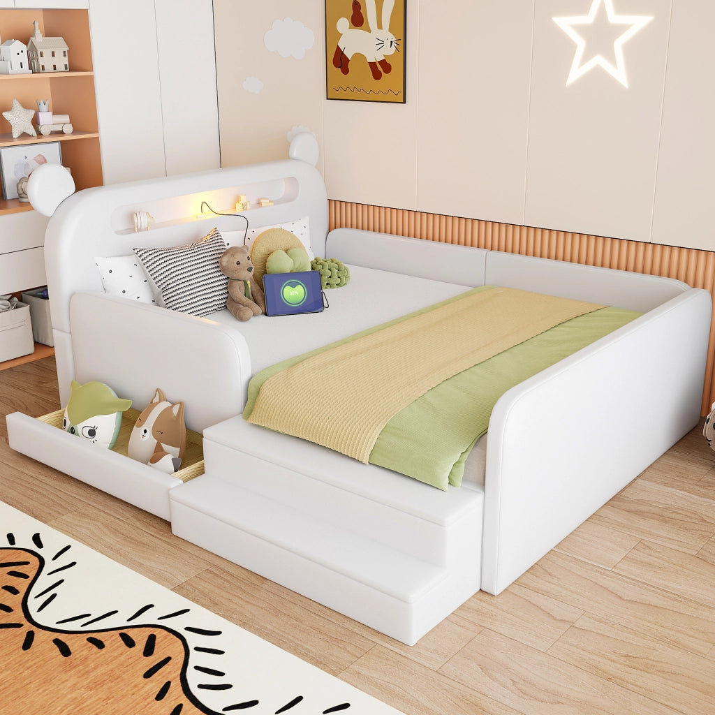Letto imbottito per bambini con testiera a orso e USB, 140x200 cm, bianco