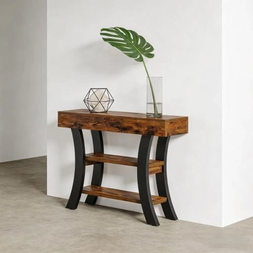 Consolle curva con tre ripiani in MDF e metallo per ingresso soggiorno e corridoio nera 105 × 30 × 80 cm