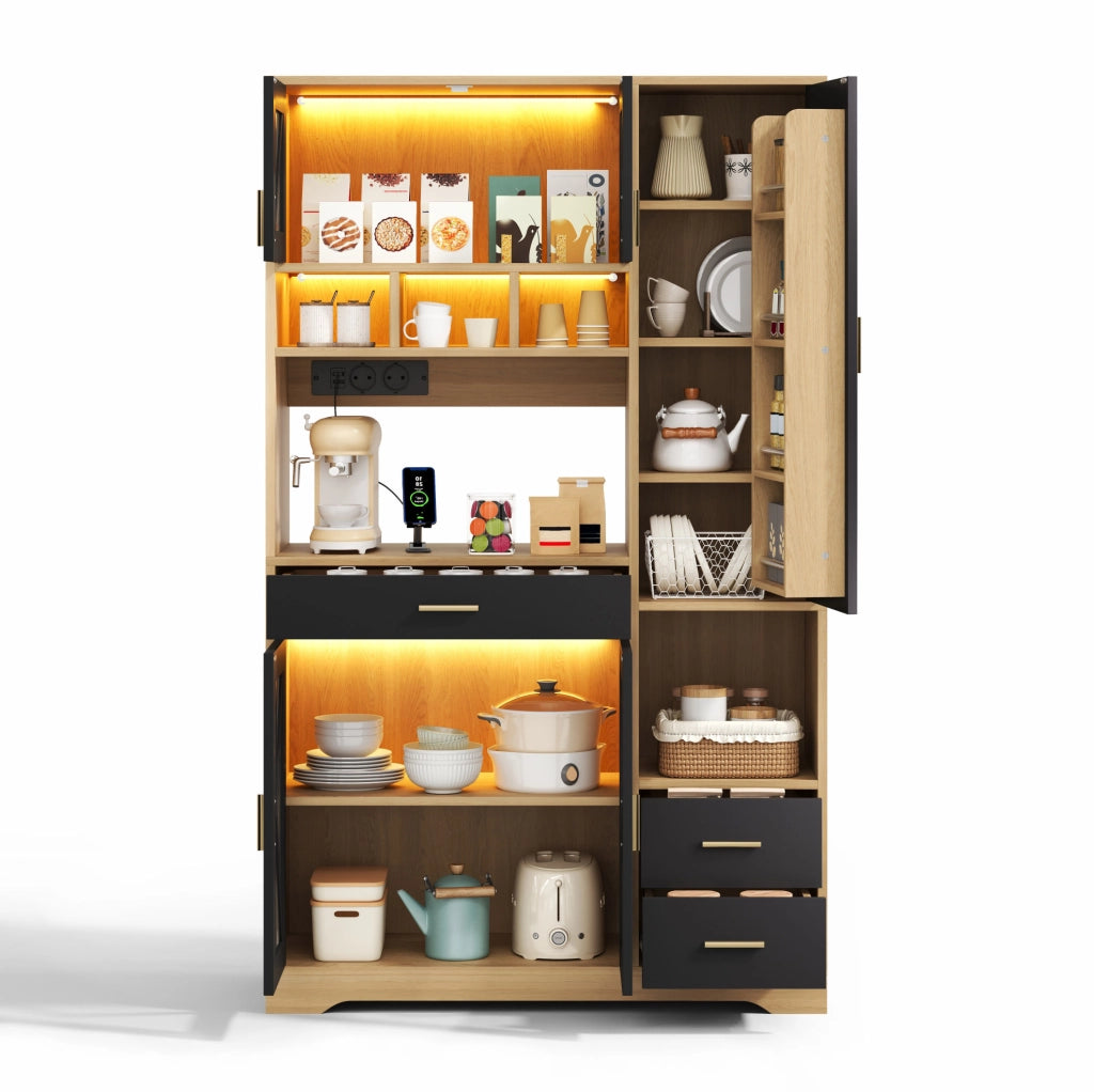 Credenza buffet in MDF 105x40x185 cm; stile vintage; con LED RGB; prese USB e porte in vetro