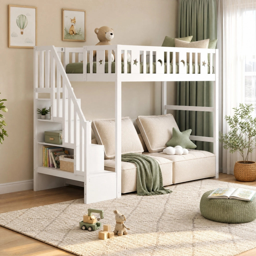 Letto a soppalco per bambini 90x200 cm con scala e scaffali; in legno bianco