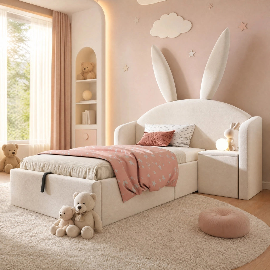 Letto con Contenitore 90 x 200 cm; Letto Singolo - Comodino e Testiera Imbottita - Beige