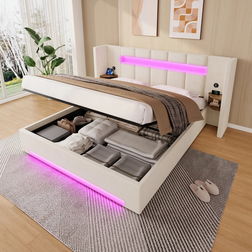 LETTO Contenitore 160x200 cm in velluto beige con USB, LED e idraulico