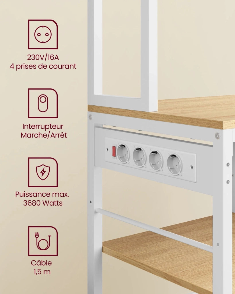 Mensola da cucina con multipresa bar con ripiani regolabili cassetto in tessuto 12 ganci 40 x 100 x 180,4 cm supporto per microonde bianco 12_0005655