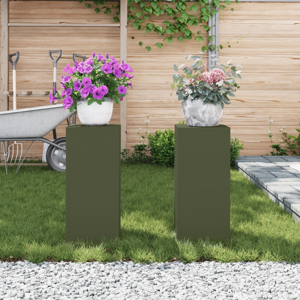 Supporti per Piante da Esterno Pillar 2 pz Verde Oliva 24x24x55 cm Acciaio