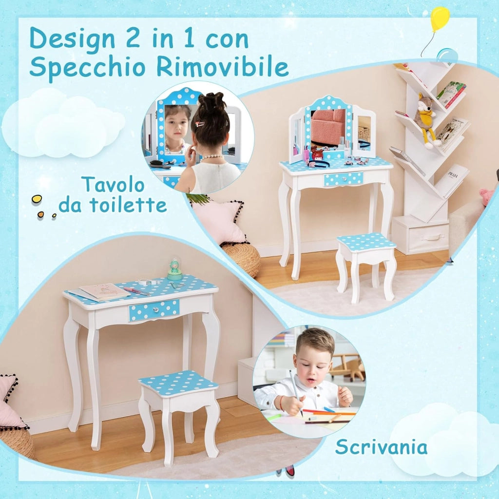 2 in 1 Toeletta Trucco per Bambina 3+ Anni, Specchiera Trucco Bambina in Legno con Sgabelllo e Cassetto, Ideale per Cameretta, 60 x 27,5 x 97,5 cm (Blu + Bianco)