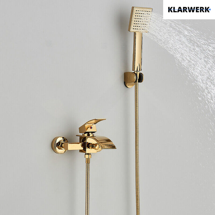 "ROSA" | Miscelatore vasca a cascata doccia oro | in acciaio inox comprensivo di doccetta e supporto | Set completo termostato vasca con rubinetto