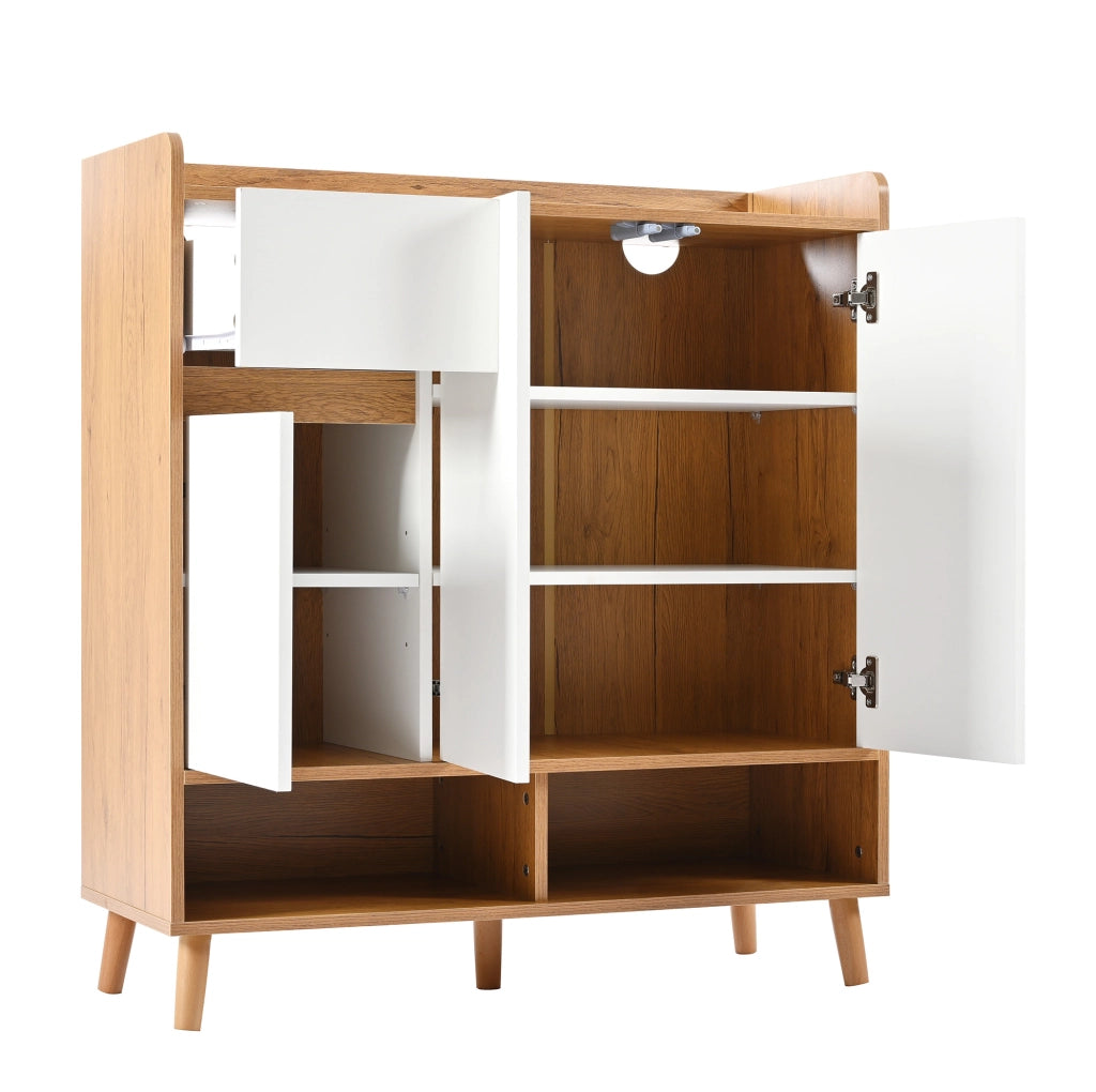 Scarpiera 90x35x99 cm con ripiani regolabili; pannello truciolare bianco e naturale