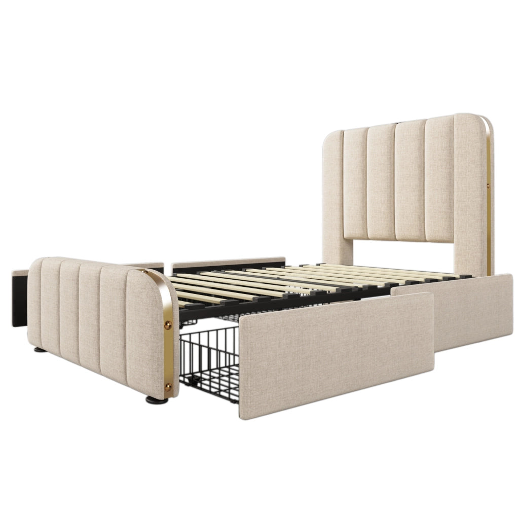 Letto singolo ULEVR 90x200 cm con 4 cassetti, porta USB e Type-C, rivestimento in lino beige