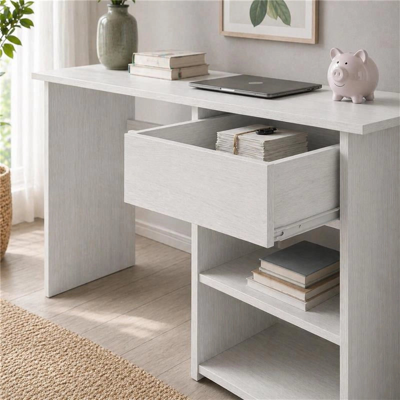 SCRIVANIA PER UFFICIO O CAMERA IN MDF COLOR BIANCO LEGNO CON CASSETTO E RIPIANI MISURE 88X45X75CM
