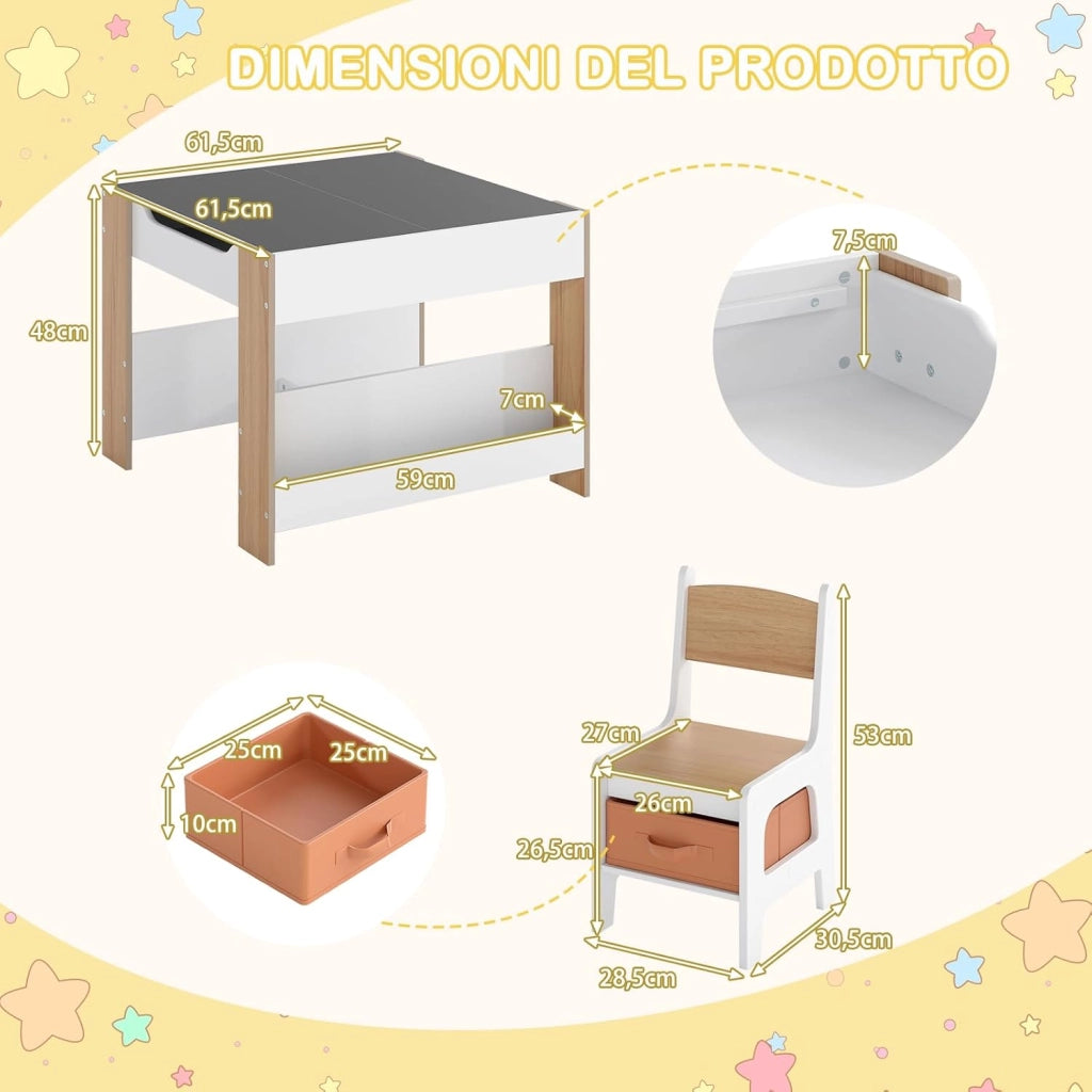 Set Tavolino Bambini con 2 Sedie per Bambini, Tavolo e Sedie 4 in 1 con Piano Doppa Faccia, Librerie Laterali e Scatola in Tessuto, Mobile Salvaspazio per Asilo e Cameretta (Naturale, Stile 2)