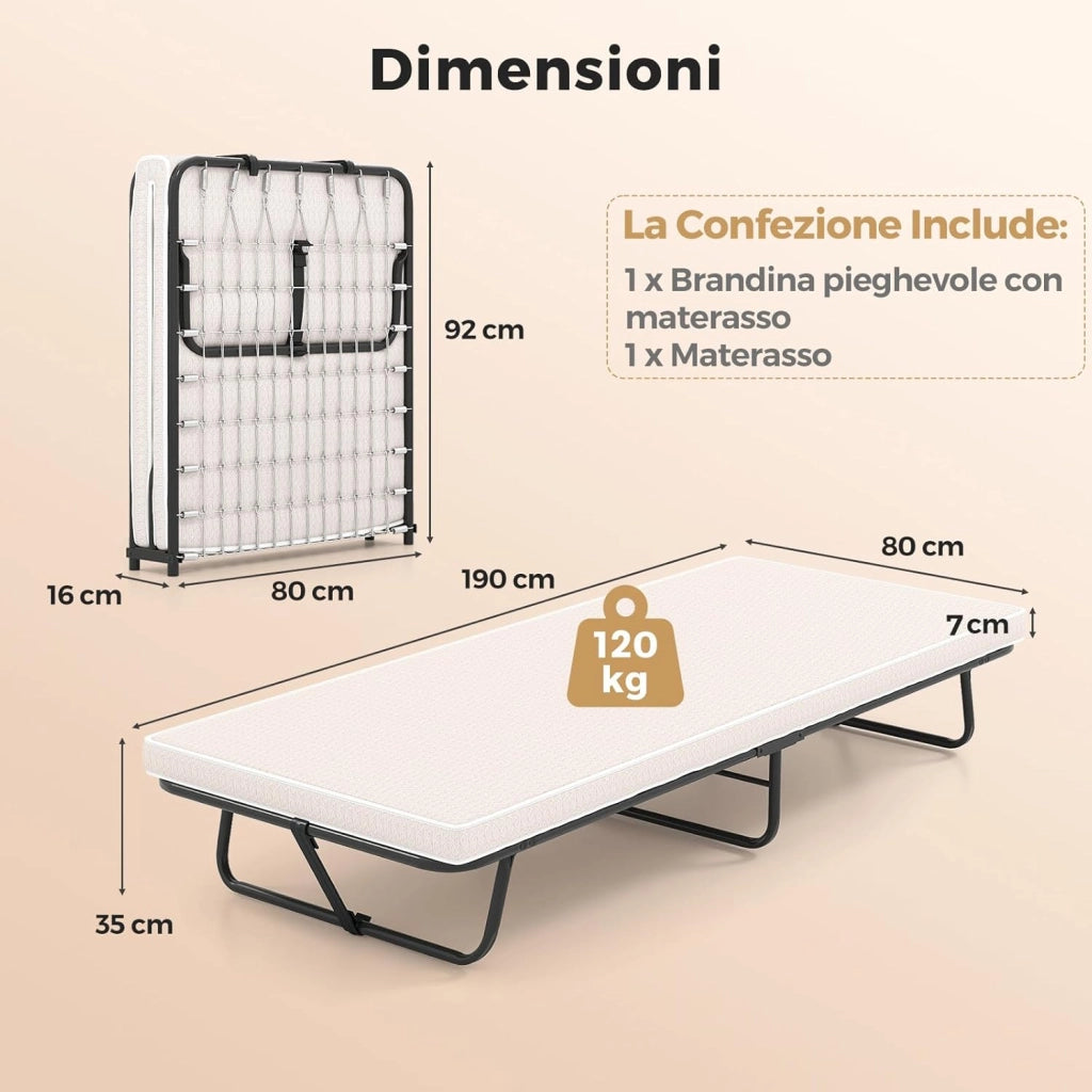 Brandina Pieghevole con Materasso, in Memory Foam, Lettino Pieghevole Robusta e Molle Resistenti, Made in Italy, 190 x 80 cm, Carico 120kg (Stile 2 Beige)