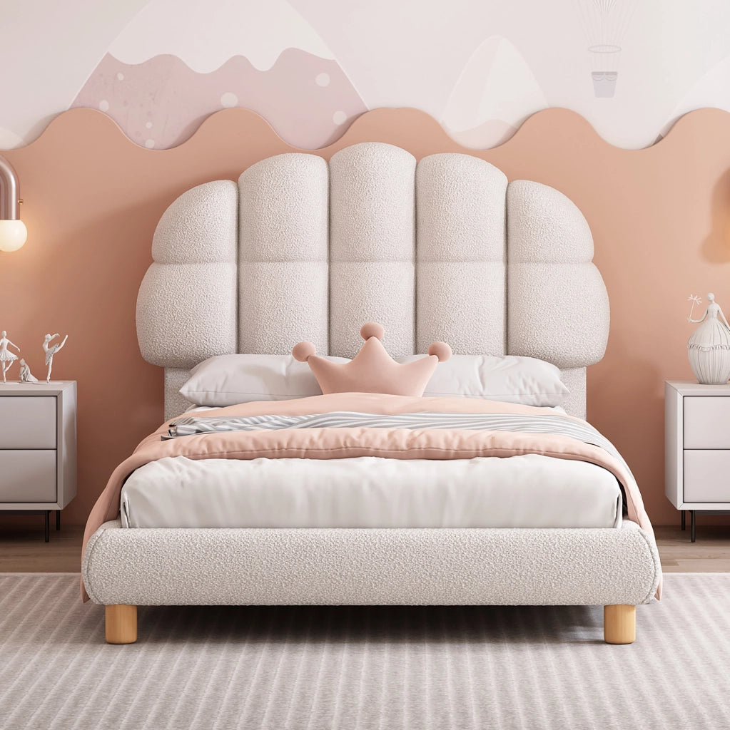 Letto imbottito 90x200 cm; testiera semicircolare; boucl茅; bianco