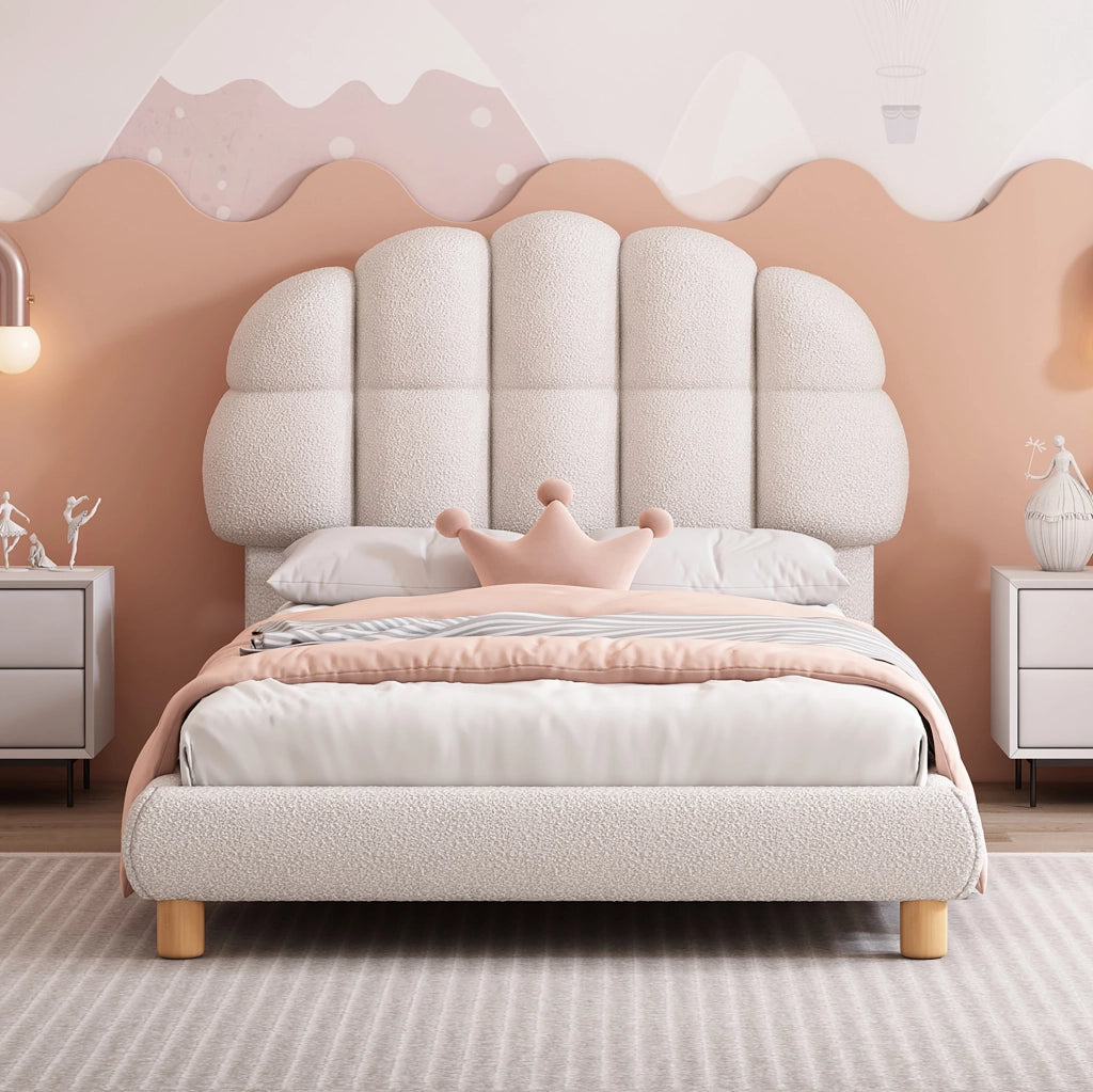 Letto imbottito 90x200 cm; testiera semicircolare; bouclé; bianco