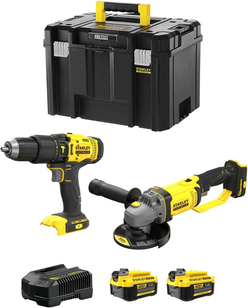 STANLEY FatMax Kit SVK213 (Trapano a Percussione SFMCD711 + Smerigliatrice SFMCG400 + 2 Batterie 4,0 Ah + Caricabatteria + TSTAK VI)