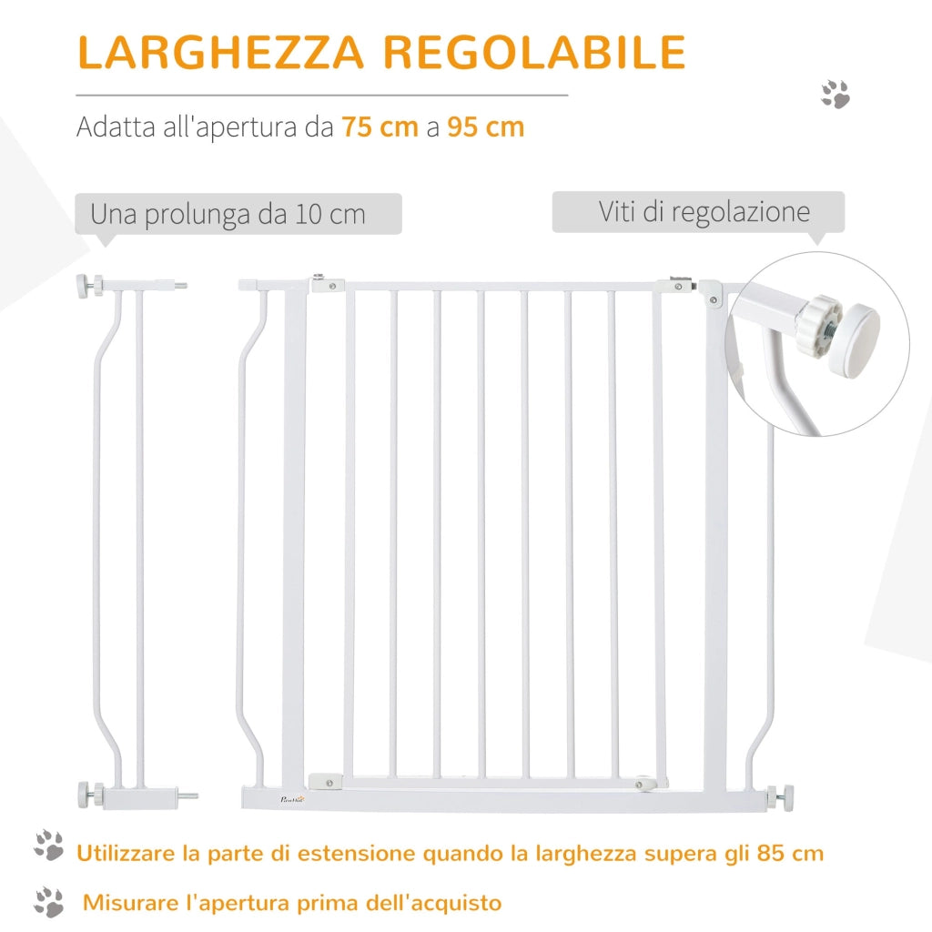 Cancelletto di Sicurezza per Animali Domestici Regolabile 75-95 cm in Acciaio e ABS Bianco