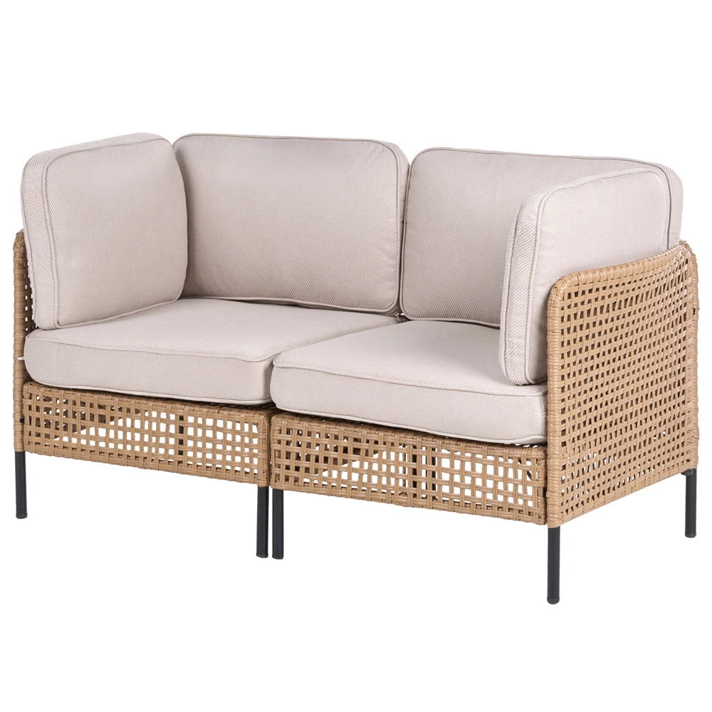 Divano da esterno con tavolino in rattan PE beige chiaro a 2 posti con struttura in metallo cuscini per seduta e schienale piano in vetro stile moderno