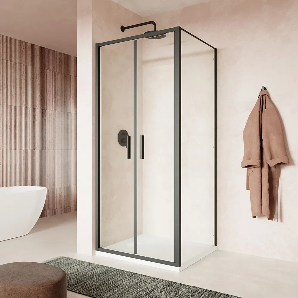 Box doccia slim 90x100cm con apertura saloon e parete fissa profili nero opaco e vetro 6mm trasparente h190| Portofino